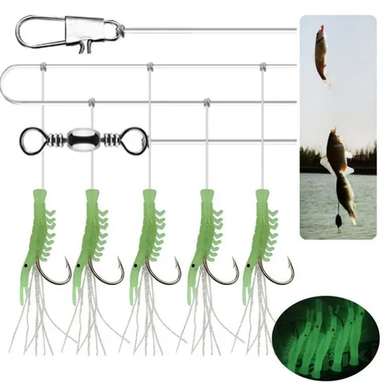 Luminous Shrimp Hook Fishing Lure Sabiki Rigs with 5 Hooks Sea Fishing Flasher Bait Rigs Soft Lure 